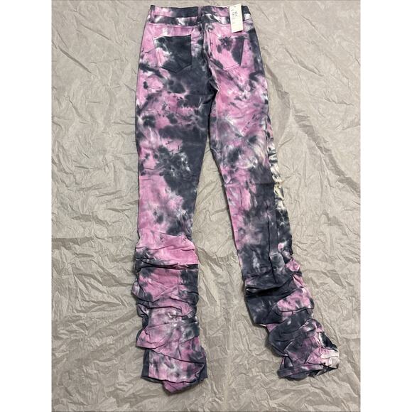 Women’s Daisy Tye Dye Multicolor Stacked Ruched Hem Skinny Denim Jeans Size S/CH - Picture 6 of 7